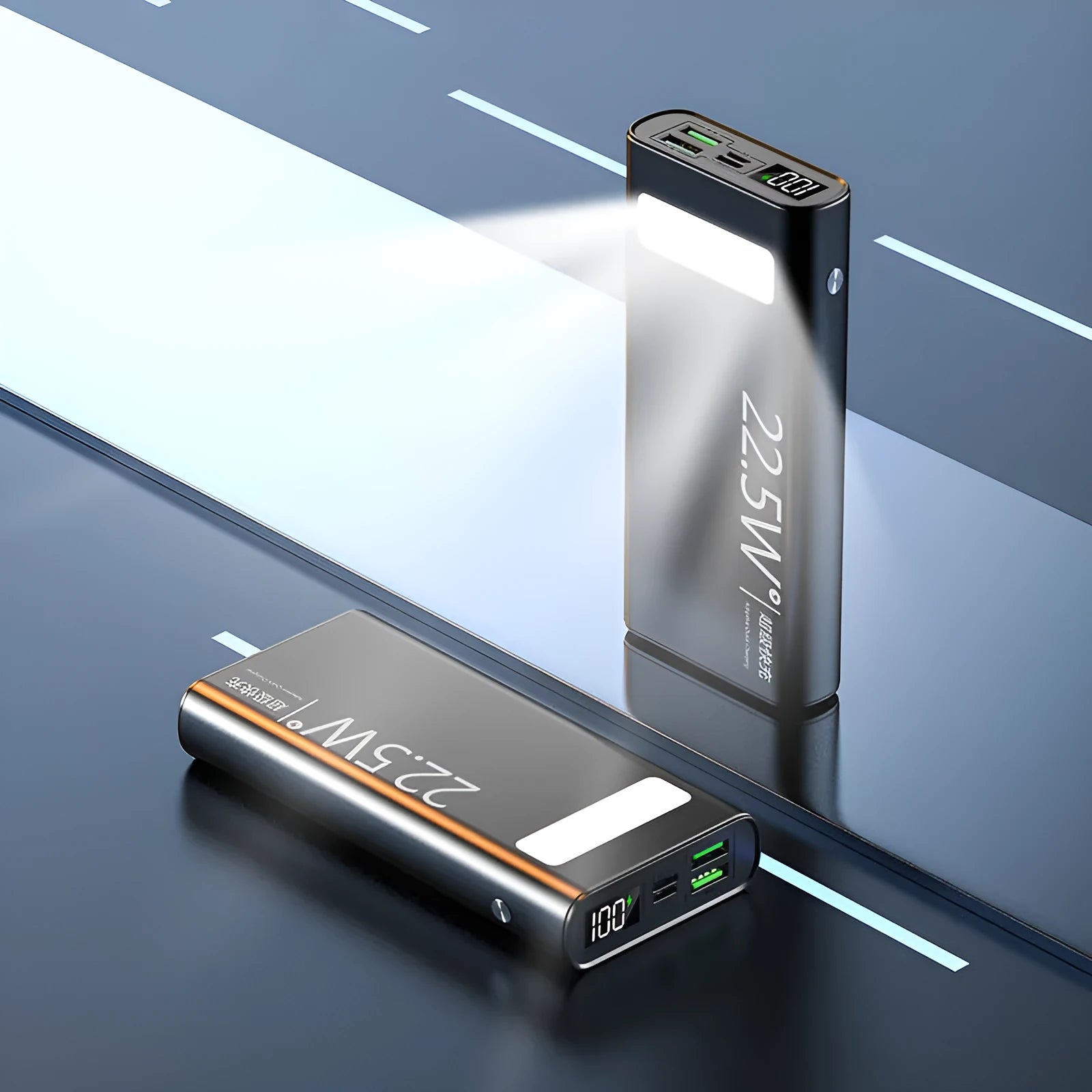 Black alloy power bank with LCD screen showing battery level, alongside green, red, and blue colour options.