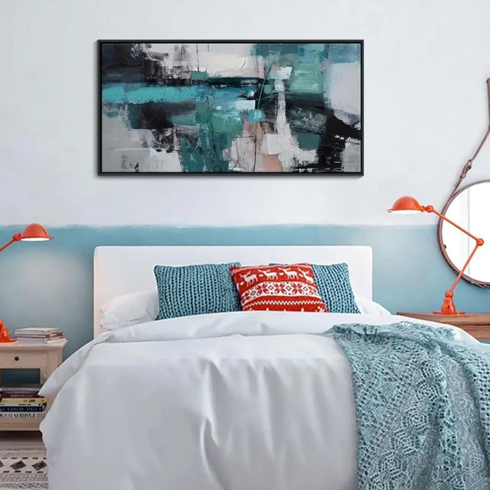 Hand-painted abstract oil painting on canvas with horizontal orientation, available in multiple sizes up to 240cm x 120cm