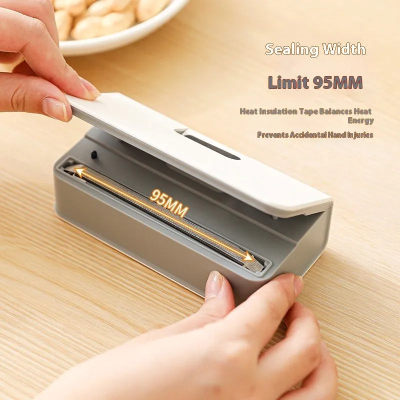 Blue and white portable mini heat sealing machine for plastic snack bags.