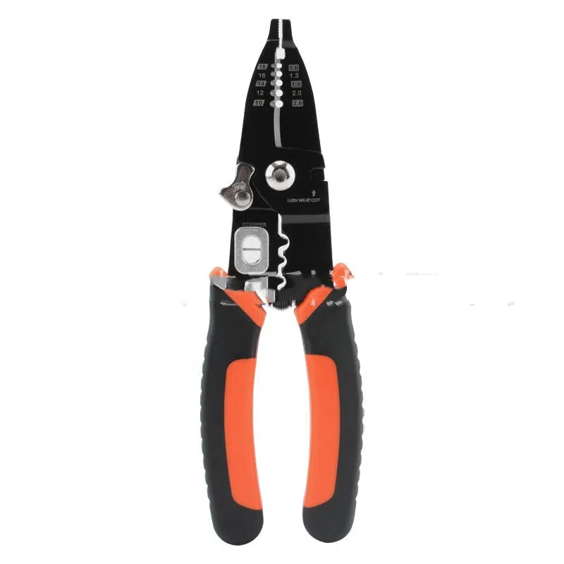Orange multi-functional wire stripper with 65# steel clamp body and PVC handle for AWG 10-18 stripping