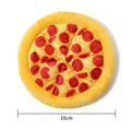 Yellow teddy bear dog chew toy holding a pizza slice with a squeaker inside.