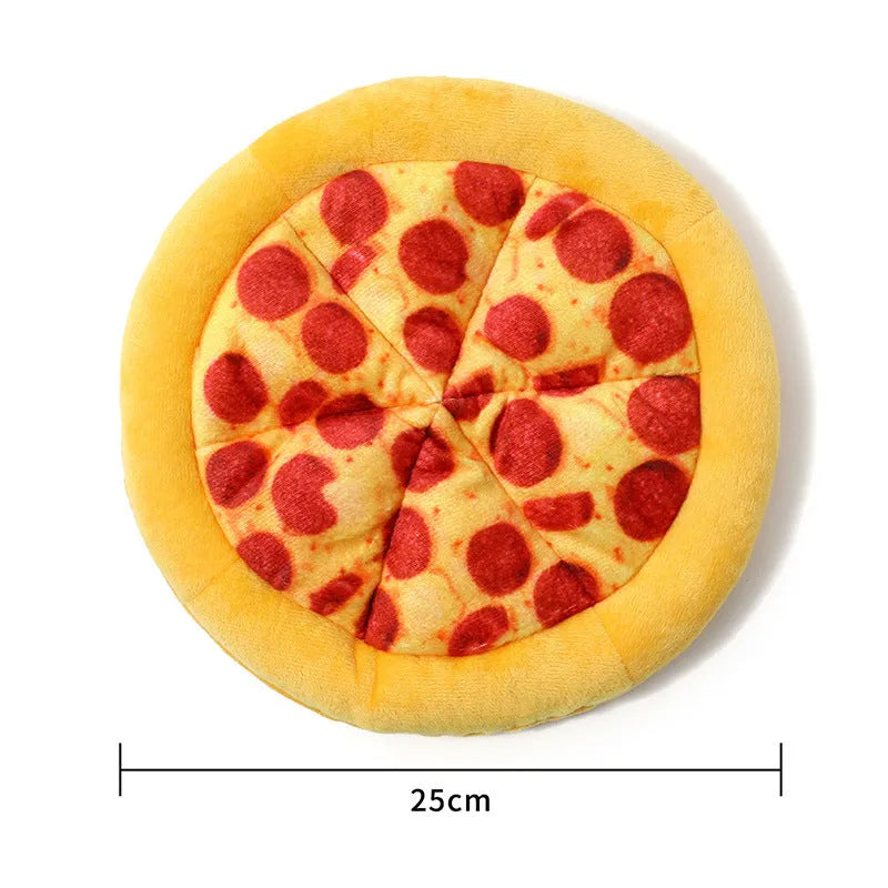 Yellow teddy bear dog chew toy holding a pizza slice with a squeaker inside.