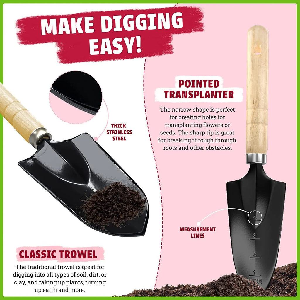Stainless steel garden tool set with eight pieces including trowel, fork, and weeder on a garden soil background.