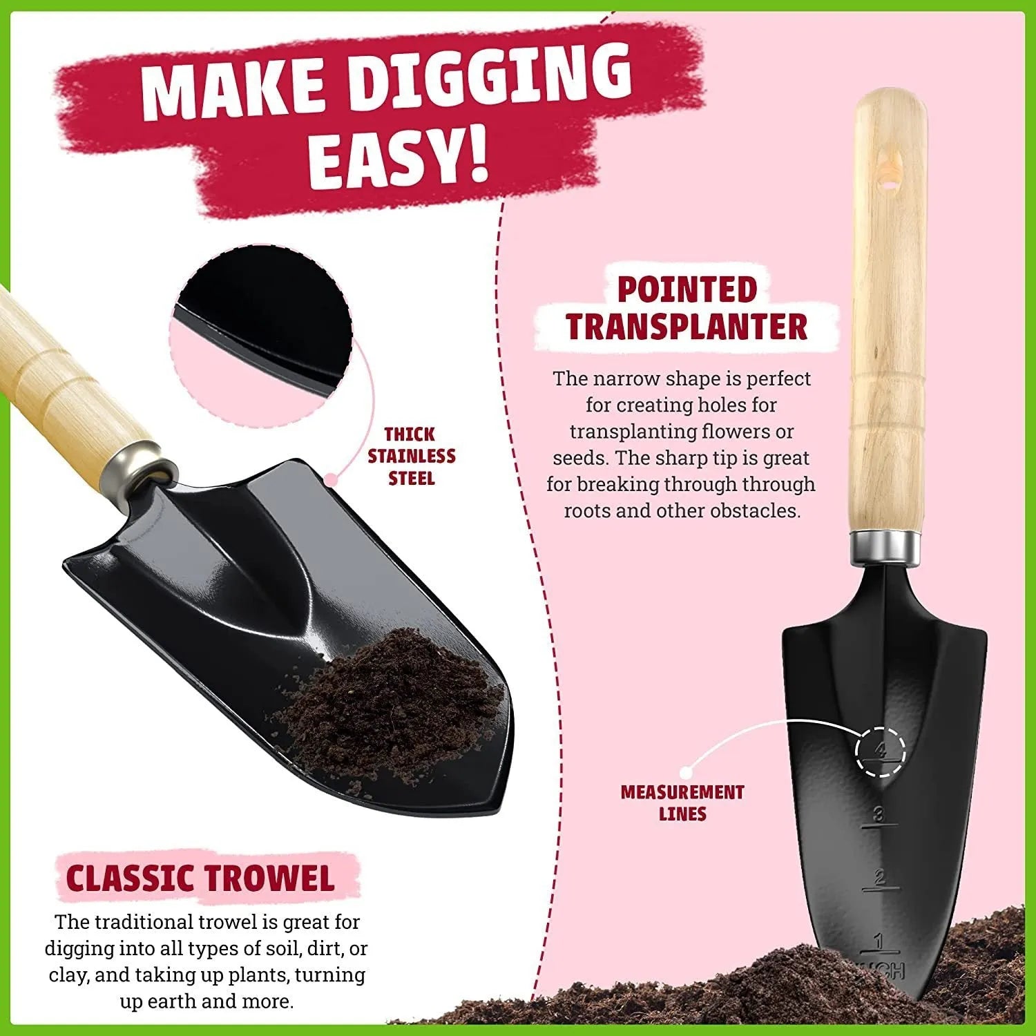 Stainless steel garden tool set with eight pieces including trowel, fork, and weeder on a garden soil background.