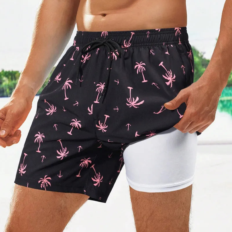 Men's loose fit quick-drying swimming trunks in various floral patterns and solid colours