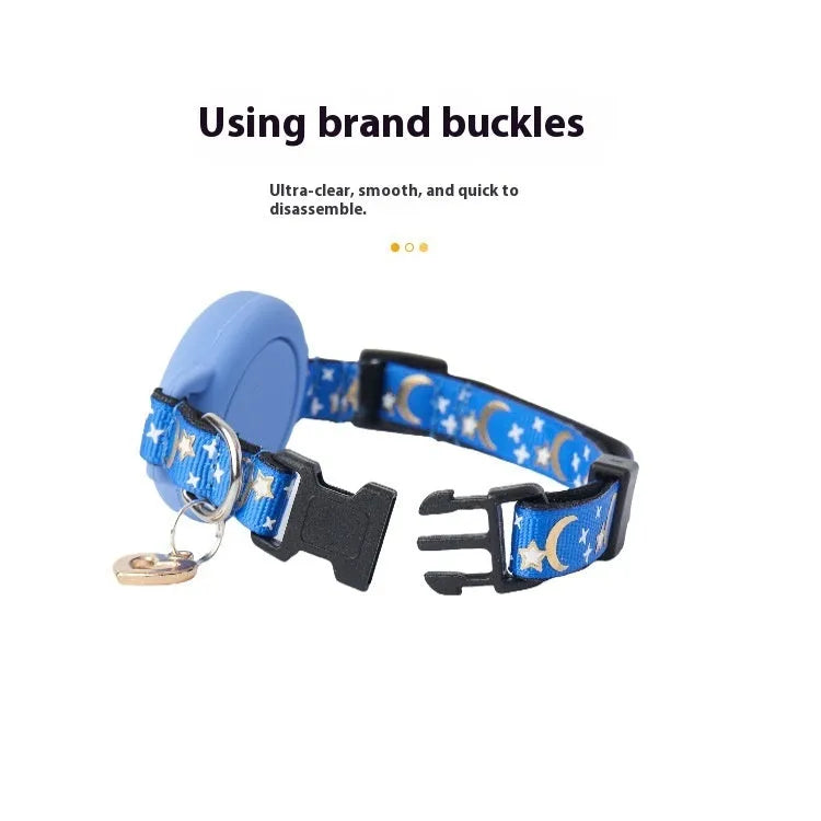 Plastic Airtag protective case for a cat collar in blue, shown next to a collar.