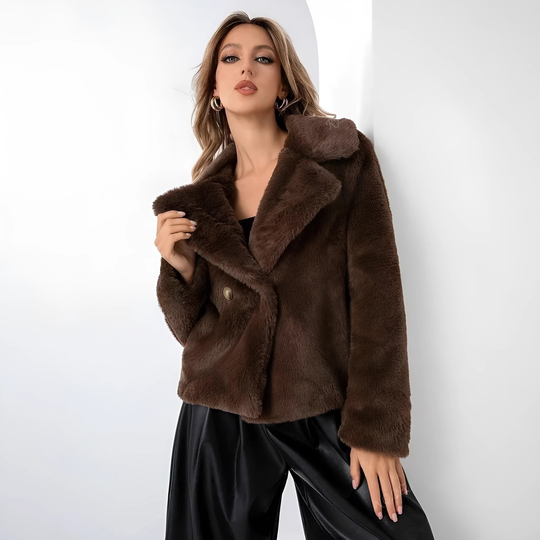 Women's artificial fur coat in rose red colour with regular sleeves on a hanger.