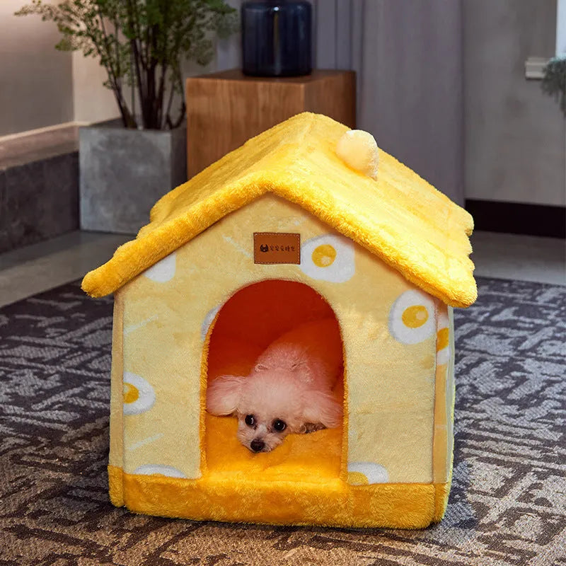 Foldable dog house pet cat bed in cave style with self-warming plush fur and non-slip bottom, available in multiple colours and sizes