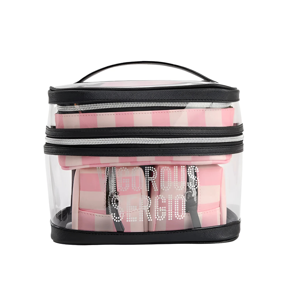 Pink bold stripes buggy bag makeup kit with floral pattern and synthetic leather construction