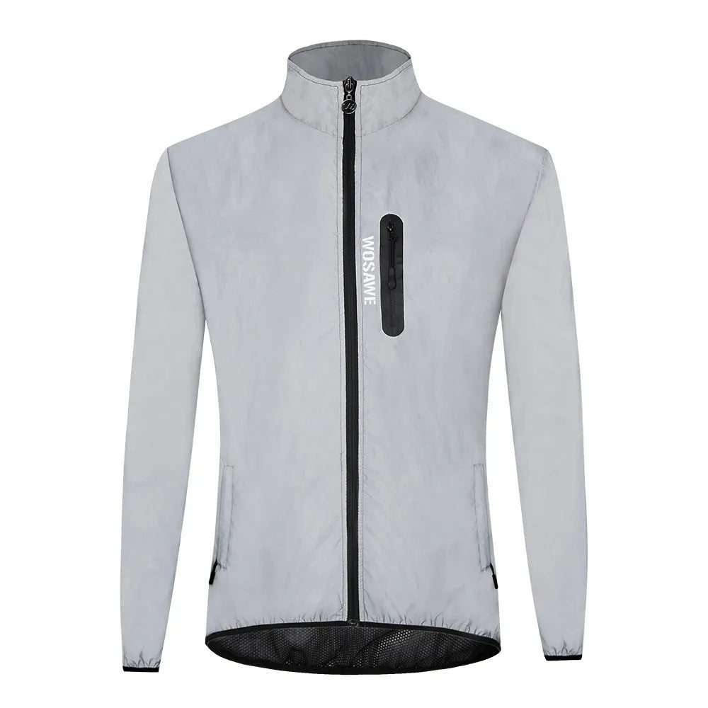 Silver waterproof polyester long sleeve windproof coat on a hanger.