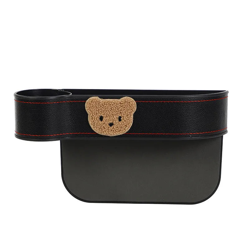 Leather car seat gap storage box with cartoon bear design options for co-pilot or main driving position.