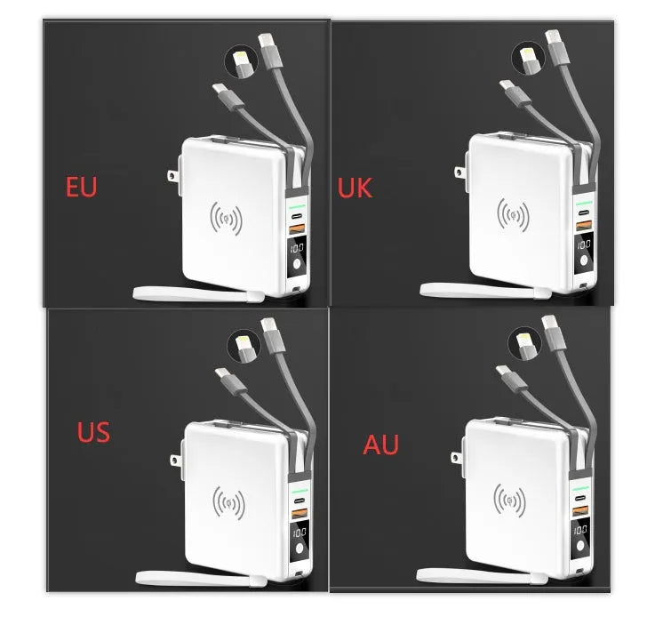 Black and white 10000mAh power bank with QI wireless charging and a set of international plug adapters