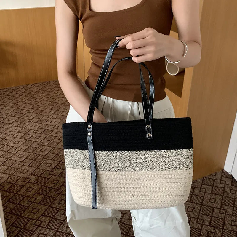 Hand woven cotton vegetable basket beach bag in khaki with double shoulder straps and contrast stitching