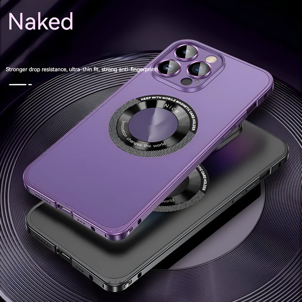 Metal phone case with spring fastener and frosted finish in black for iPhone 14