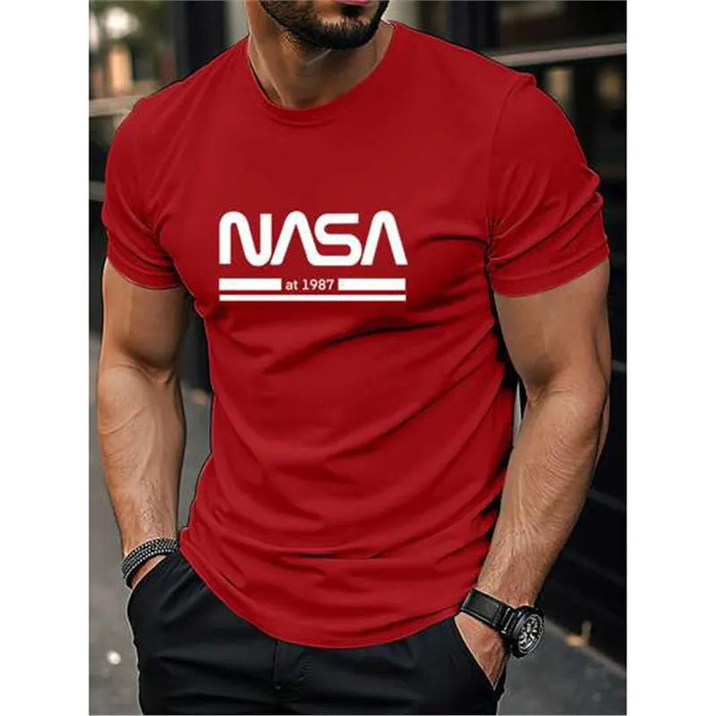 Men's slim-fit cotton short sleeve T-shirt with printed letters design in various solid colours