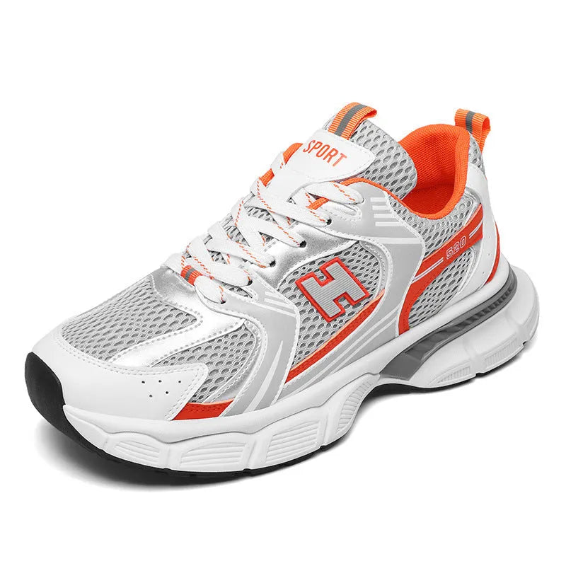Men's white orange mesh casual running shoes with round toe and plastic sole