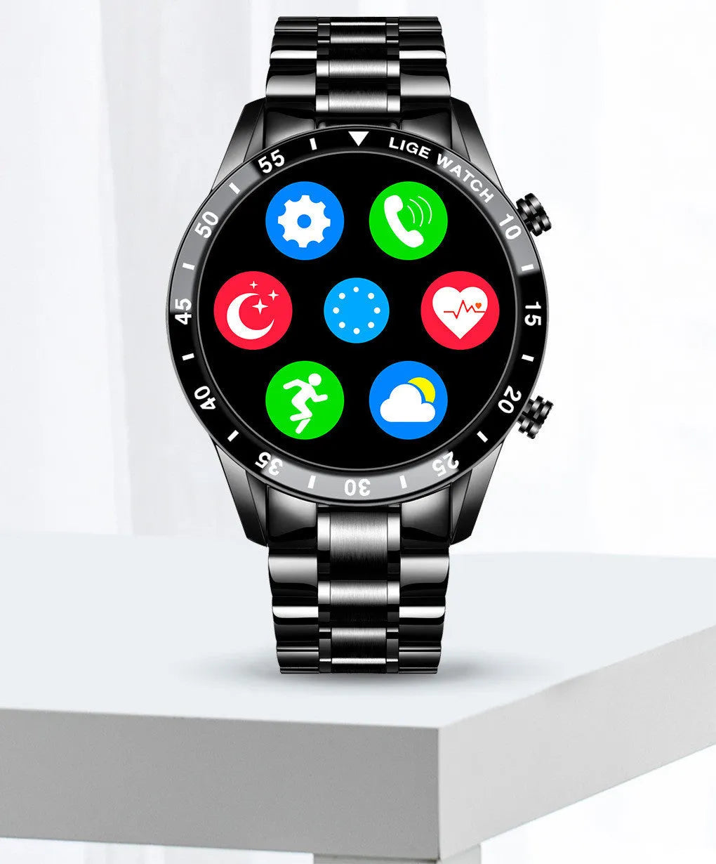 Stainless steel smart watch with 1.3 inch touchscreen display showing step count on black or silver wristband