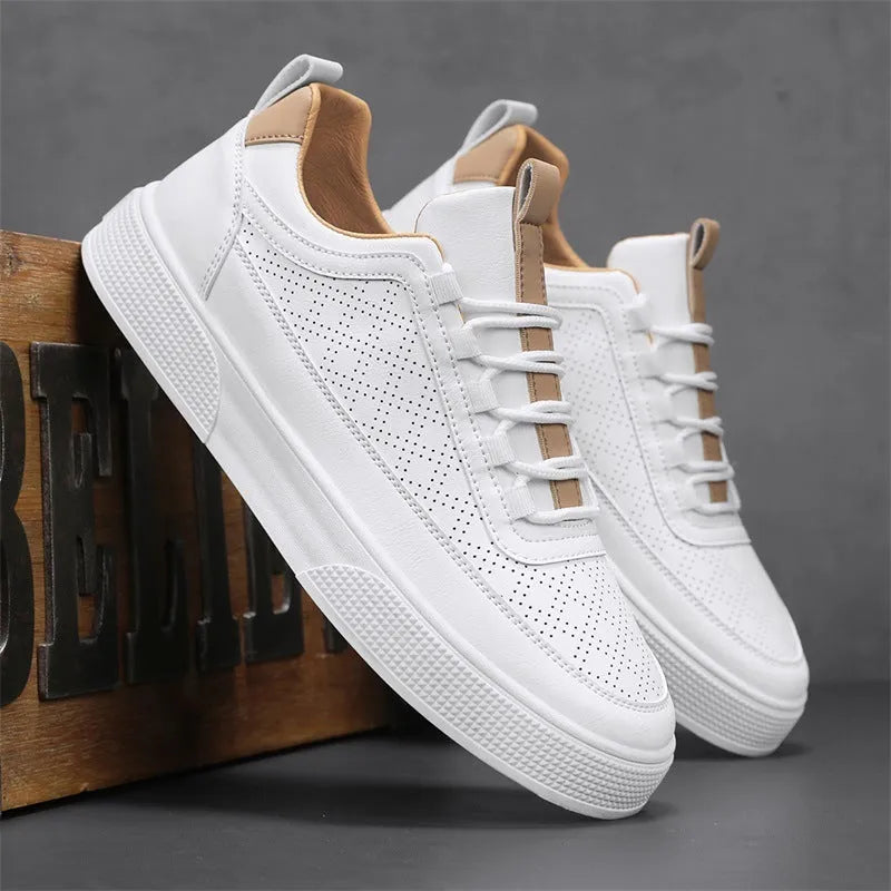 White and white khaki casual board shoes with thick bottom and lace-up closure