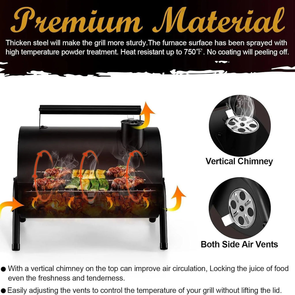 Small folding desktop charcoal barbecue smoking device with compact grill