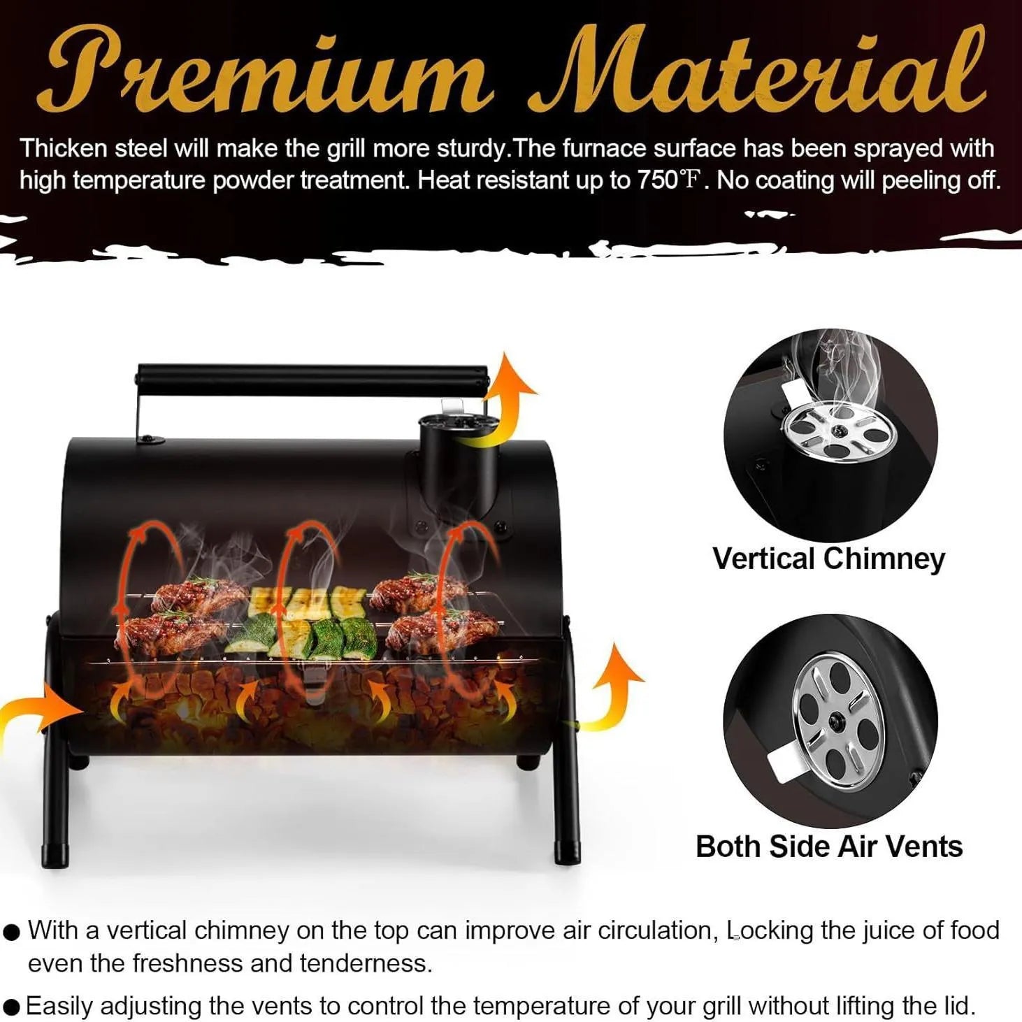 Small folding desktop charcoal barbecue smoking device with compact grill