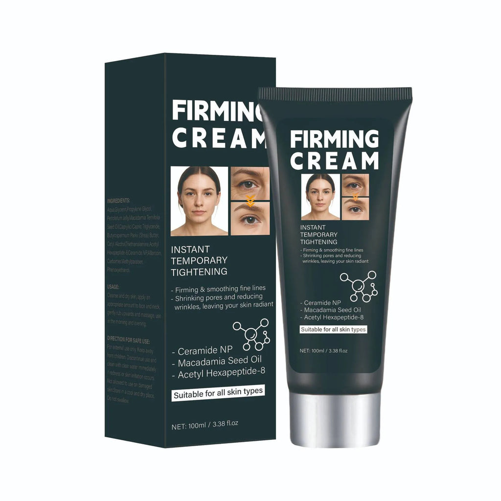 Compact neutral packaging facial firming cream 100ml pot on plain background