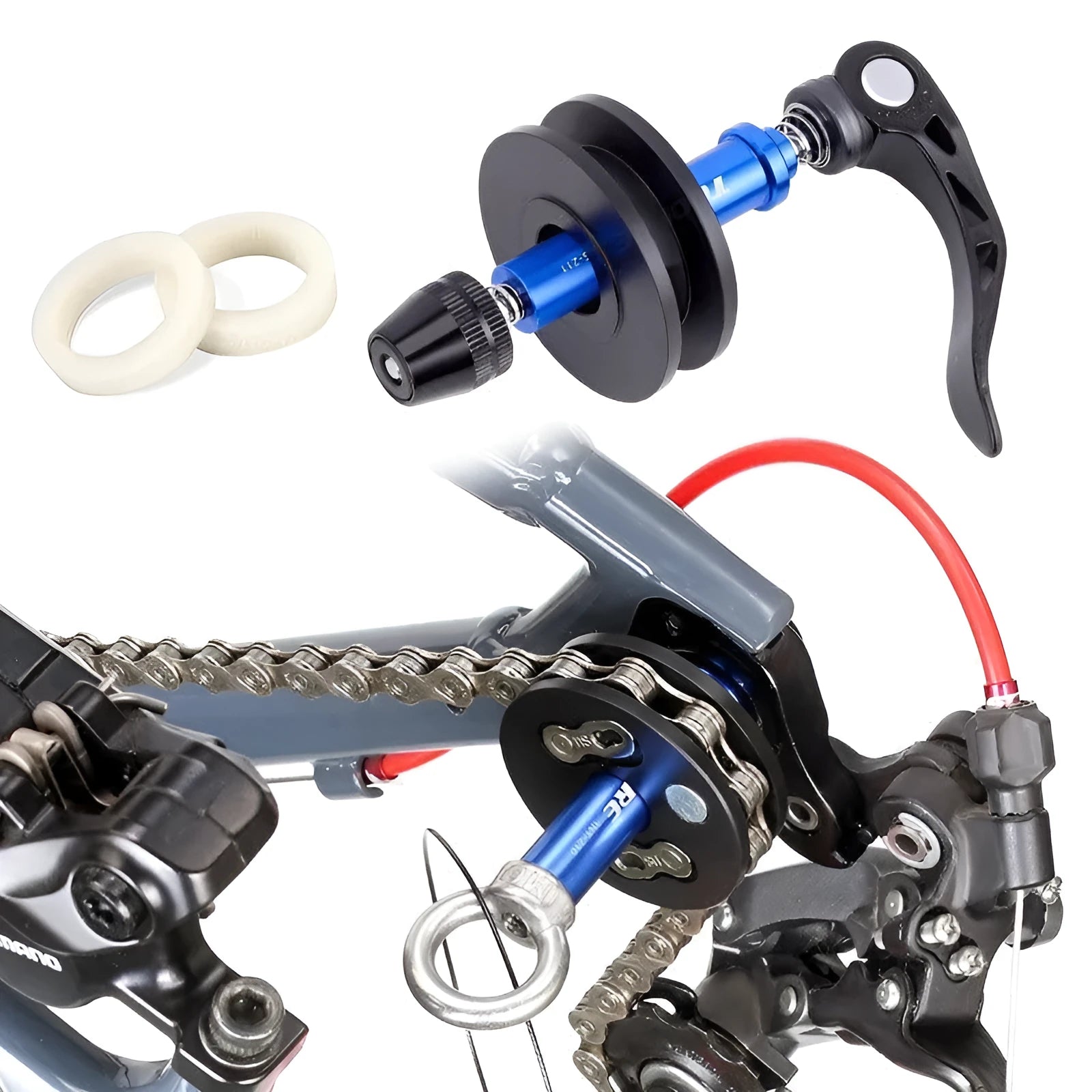 Aluminium alloy bicycle chain holder tool in three format options on a workshop bench.