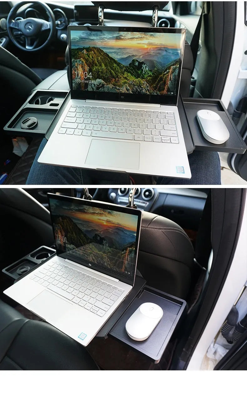 Folding car rear seat dining table laptop stand in black ABS with phone holder slot