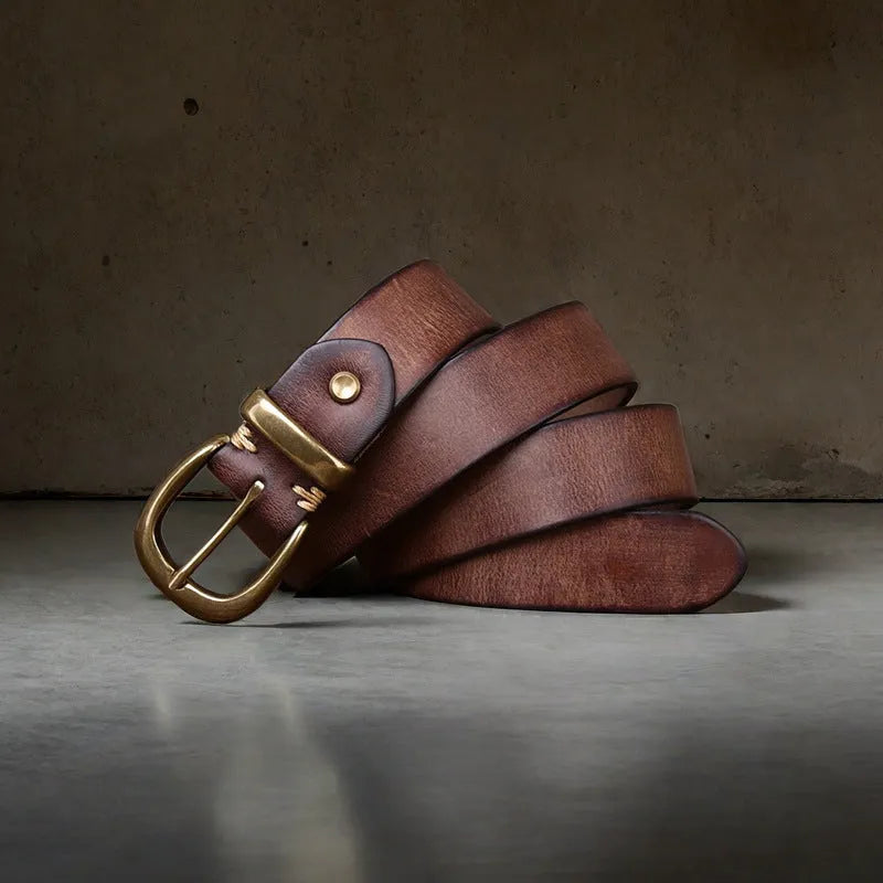 Men's black cattlehide leather casual belt with a copper pin buckle on a white background.