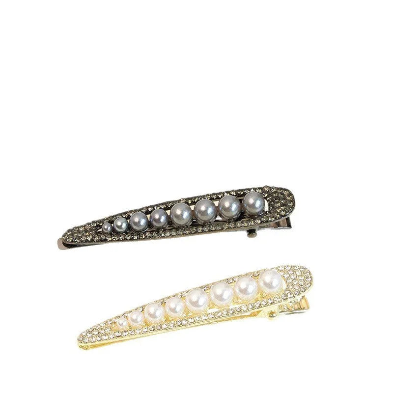 Alloy pearl front duck barrette for women with electroplated finish in black vintage pearl style