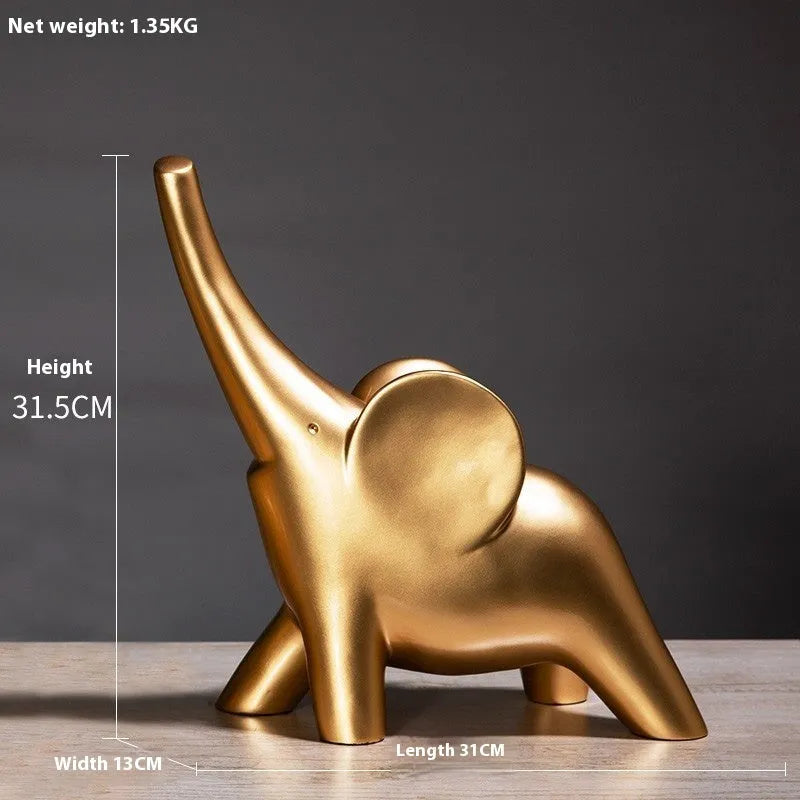 Modern minimalist solid resin elephant ornament in rose gold or white finish on a shelf.