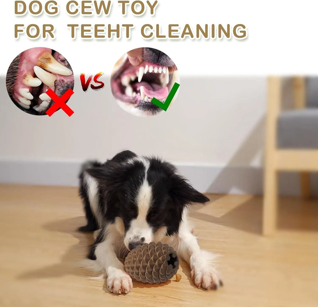 Yellow pine cone shaped natural rubber dog toy with treat dispenser for medium large aggressive chewers