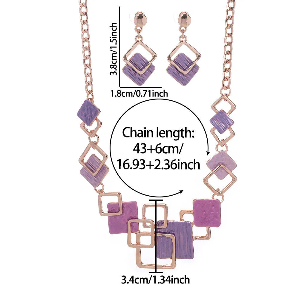 Zinc alloy geometric square hollow necklace and earrings kit with curb chain and dripping oil colour finish for women