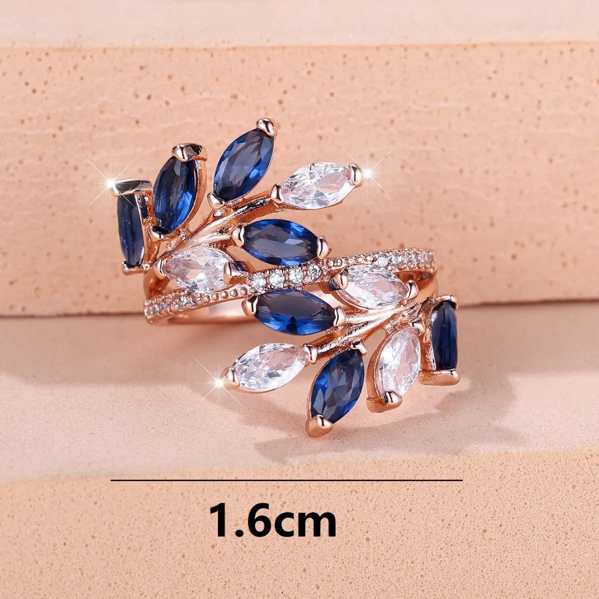 Adjustable copper leaf ring with zircon stones in multiple colour finishes including platinum white and rose gold