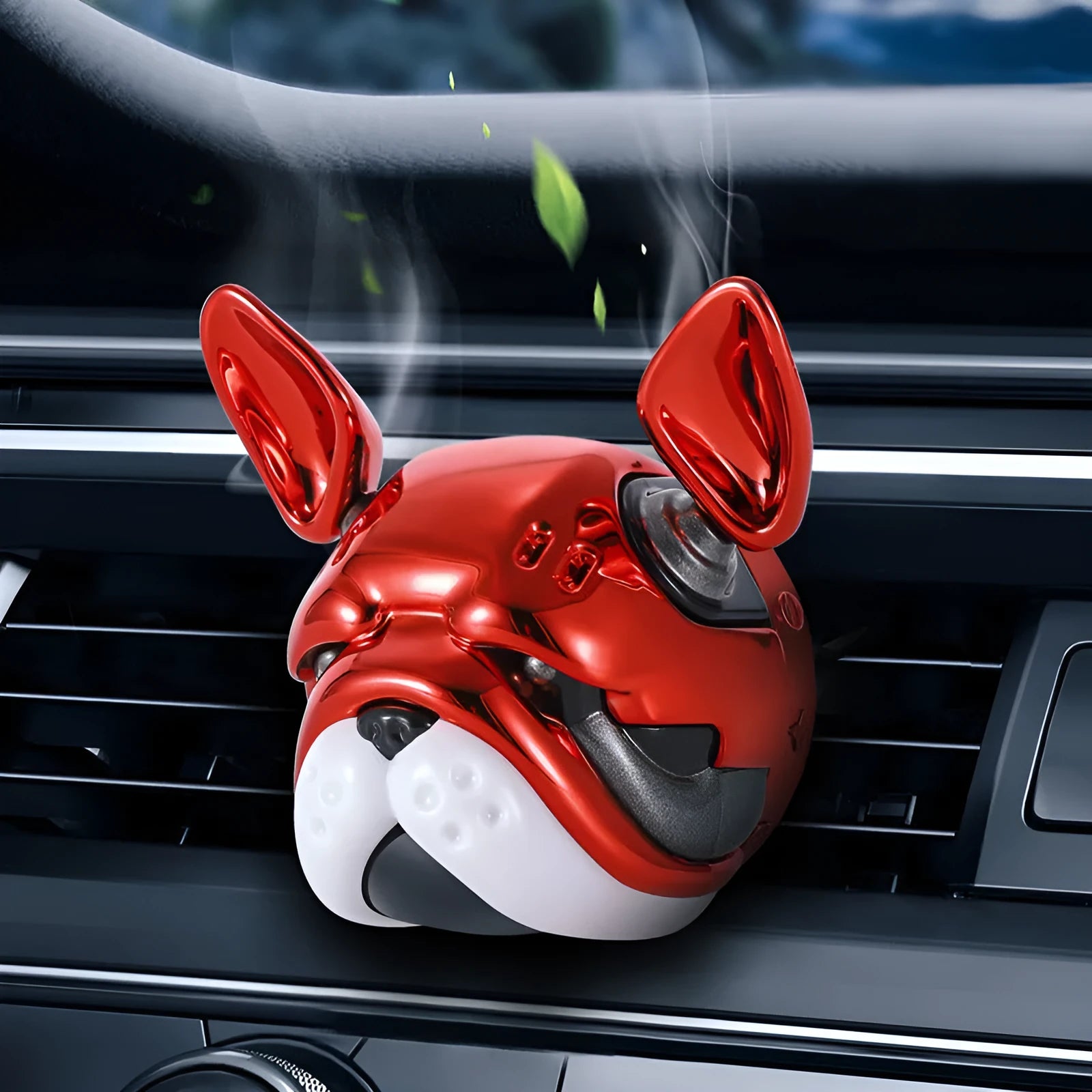 Car vent aromatherapy ornament with Gulong Ocean fragrance in red colour, clipped to a car vent, with balm refills.