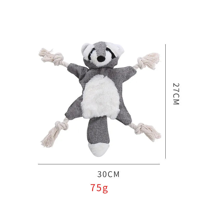 Brown fox-shaped dog toy with embroidered eyes, cotton rope through arms and legs