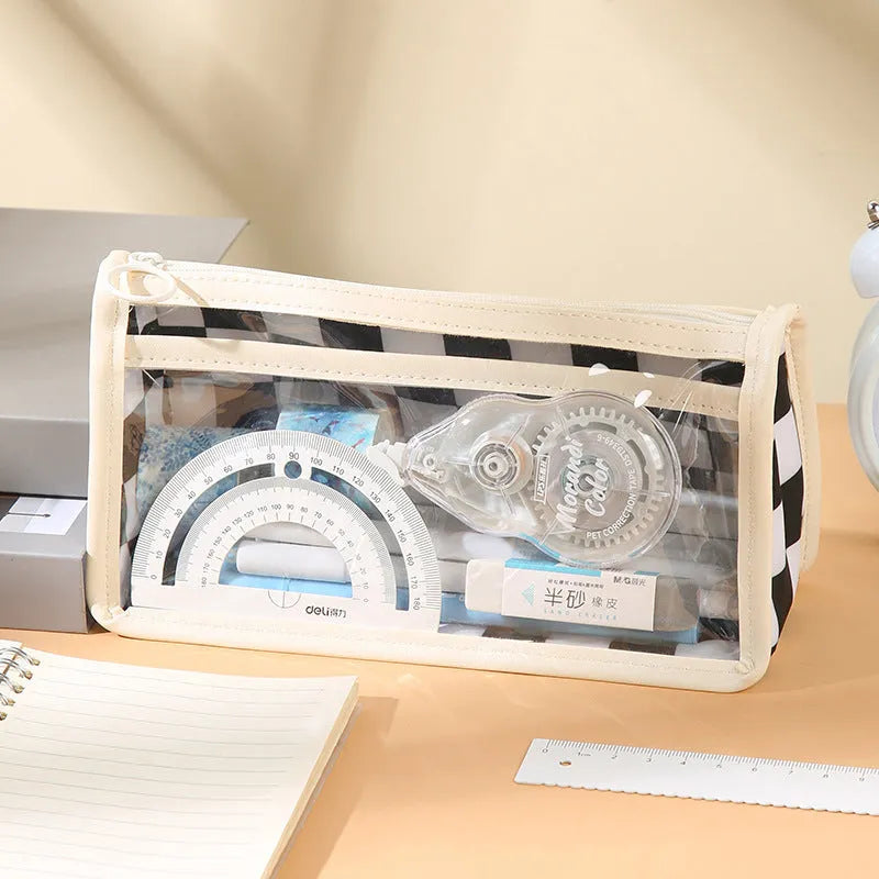 Transparent PVC pencil case with chessboard pattern measuring 21.5cm