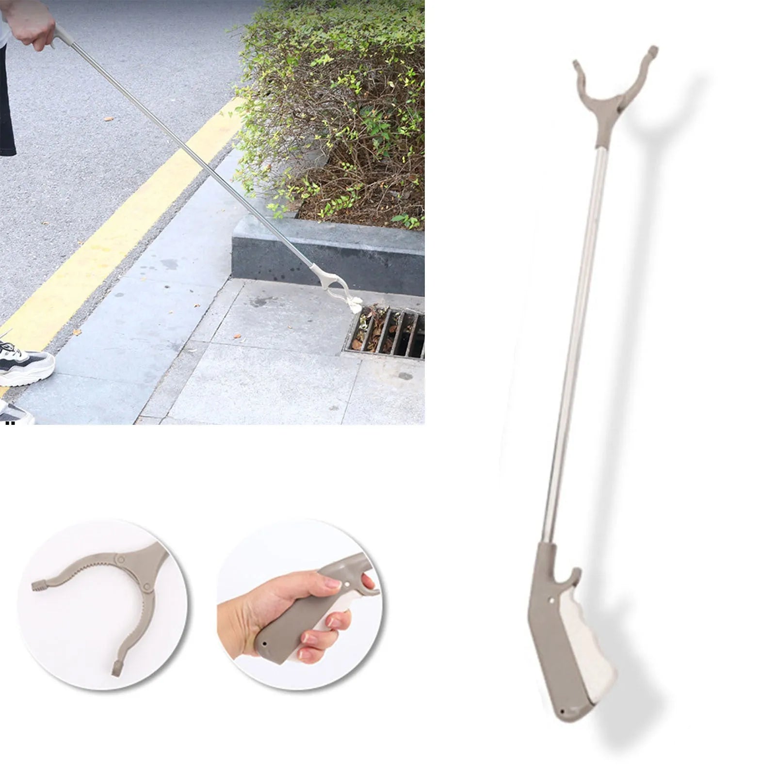 Stainless steel and plastic extended-length sanitation picker pliers with a push-type handle.