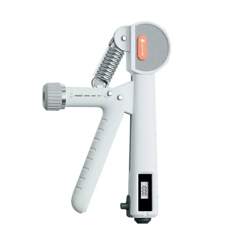 Adjustable spring grip strength trainer in ABS plastic showing three colour options: army green, black, and ivory white