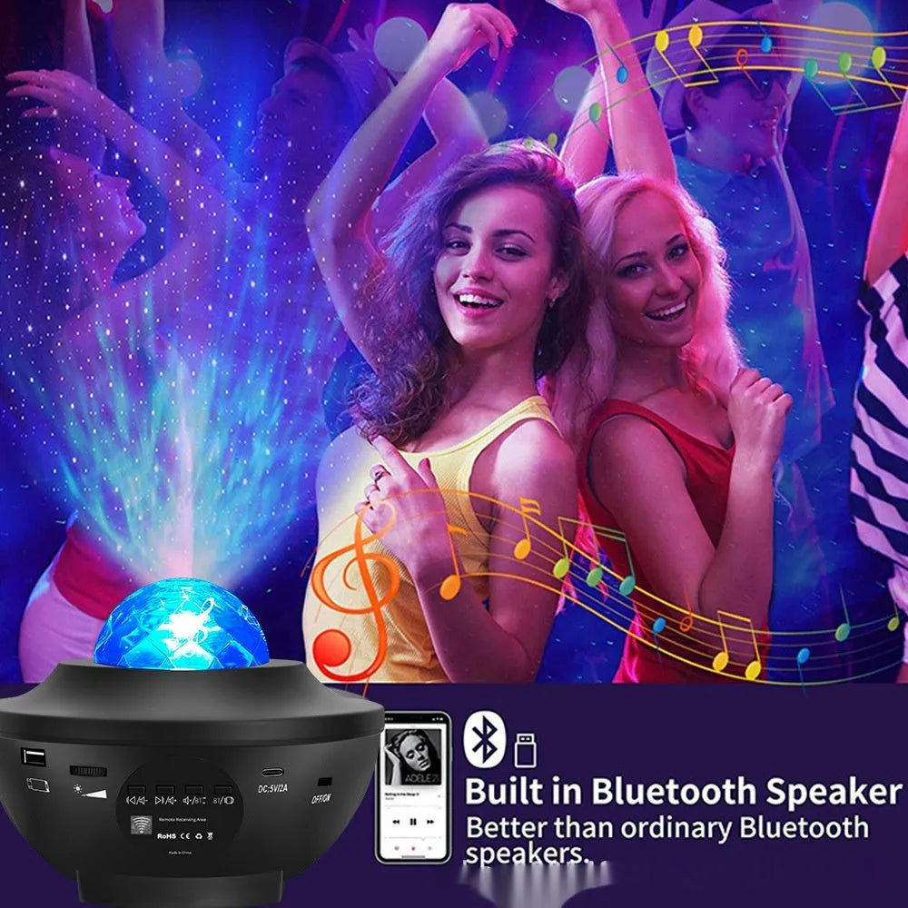 Black parallel finish star projector lamp with rotating water ripple laser effects on desktop