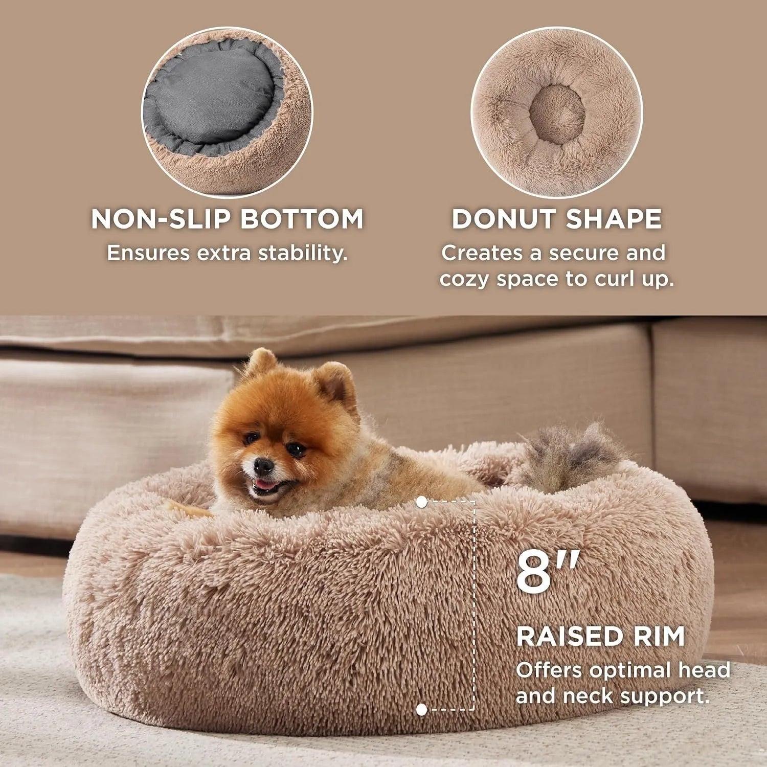 Indoor non-slip round fluffy plush pet bed for dogs in khaki, 60cm size, on a wooden floor