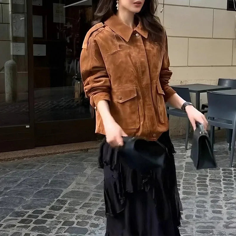 Women's bright brown suede-effect polyester coat with regular sleeves on hanger