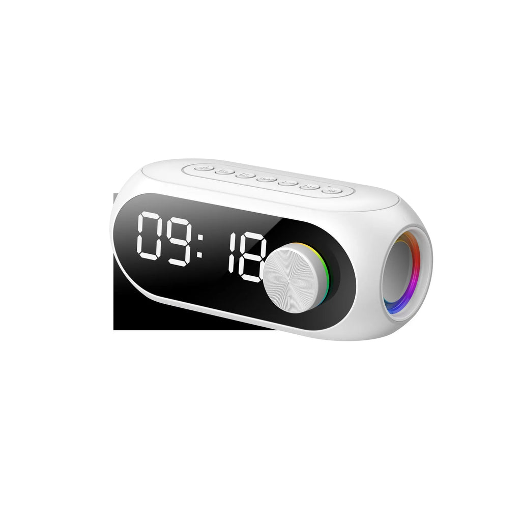 Mini Bluetooth speaker with digital clock display in black, blue or white colours showing extra bass feature