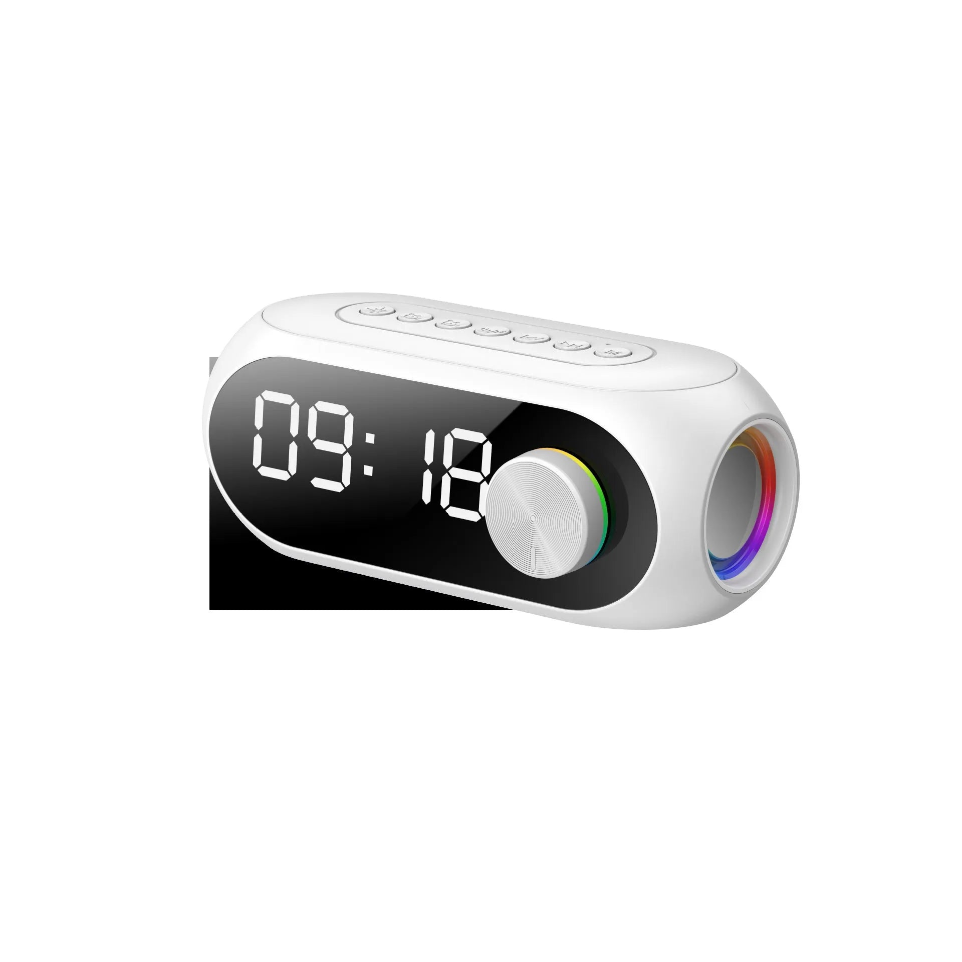 Mini Bluetooth speaker with digital clock display in black, blue or white colours showing extra bass feature