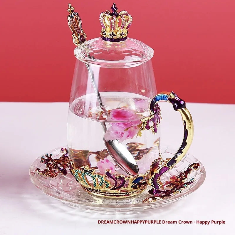 Round heat-resistant glass tea cup with enamel spoon, lid, and plate in solid colour, short cup style