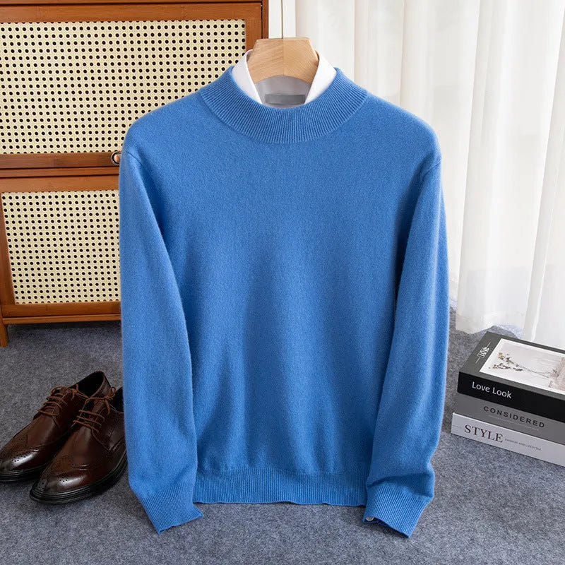 Man wearing a loose-fit half-collar wool sweater in a camel colour, suitable for winter casual wear.