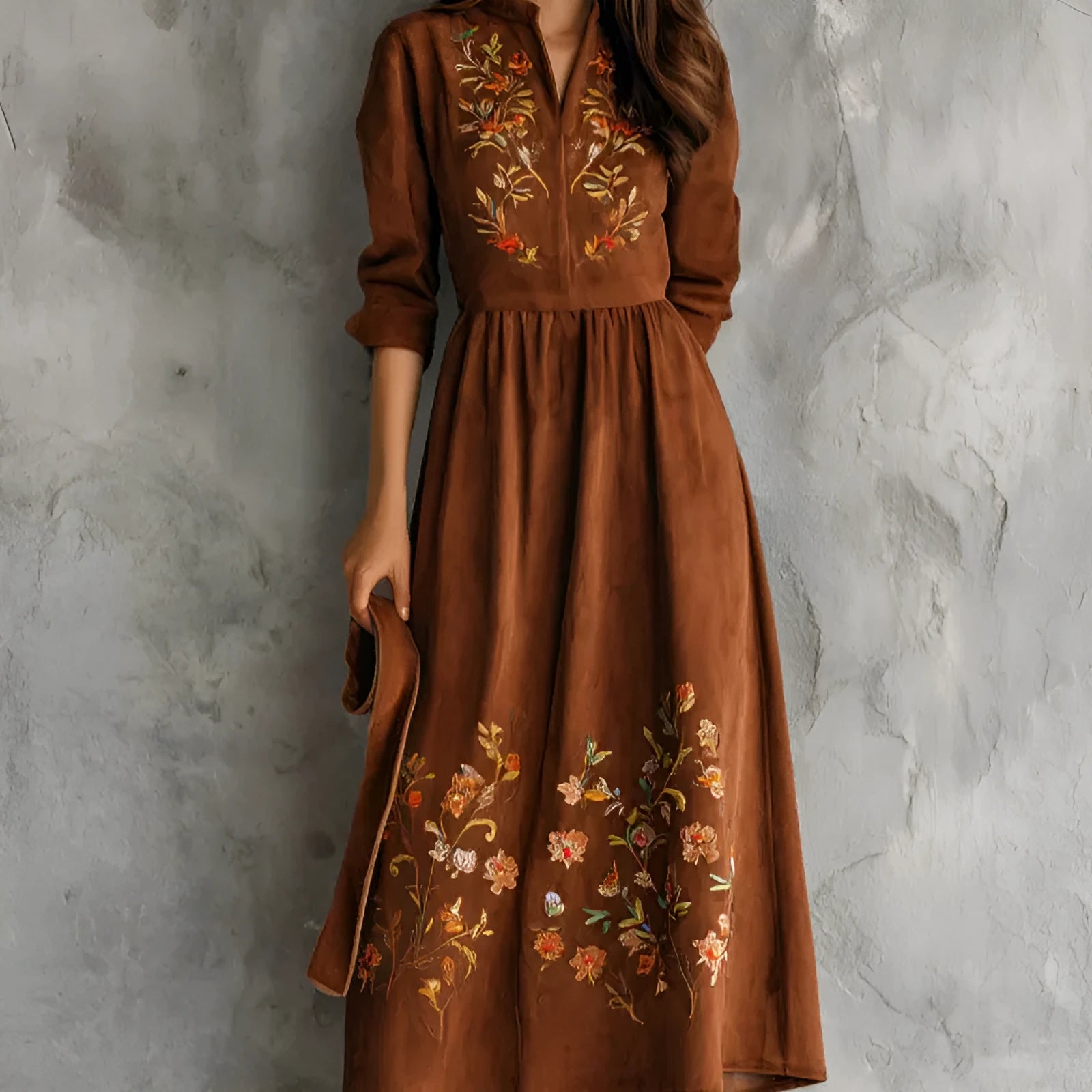 Brown polyester midi dress with vintage floral embroidery and a relaxed leisure fit.