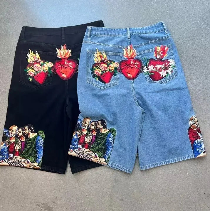 Blue men's tapered cotton shorts with a Jesus print on the back pocket.
