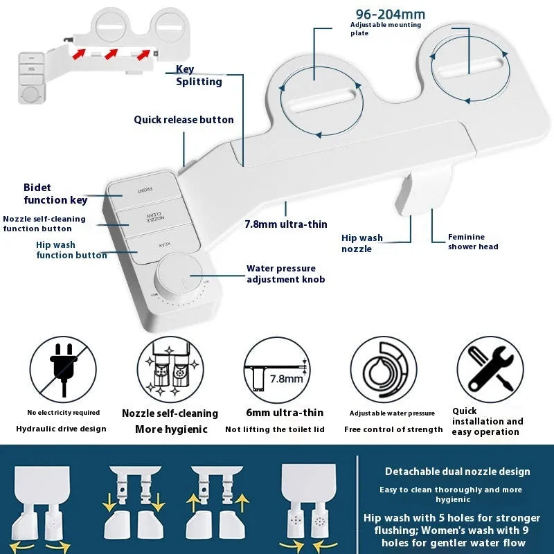Pure white bidet attachment with button control and detachable nozzle on modern toilet