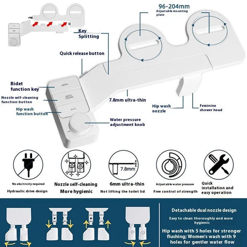 Pure white bidet attachment with button control and detachable nozzle on modern toilet