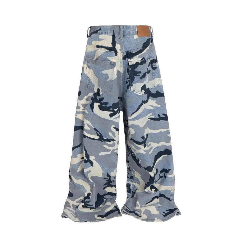 Blue snow camouflage pattern loose fit jeans with mid waist design and micro-elastic denim fabric